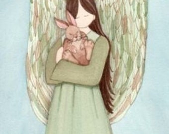 Rabbit bunny hare with angel / Lynch signed folk art print