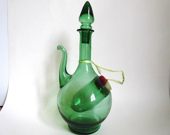 Italian Green Glass Decanter with Spout, Wine Cooler Ice Chamber, Vintage Mid Century ON SALE