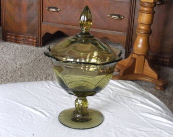 Vintage Avocado Green Lidded Pedestal Dish