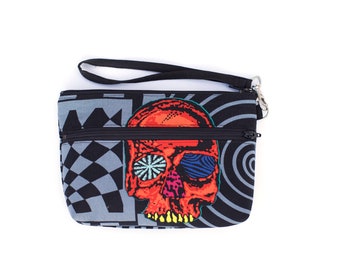 Head Trip Psychedelic Skull Wristlet with removable strap - punk rock - rare fabric oop