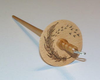 Top Whorl Drop Spindle pyrographed with a Feather (843)