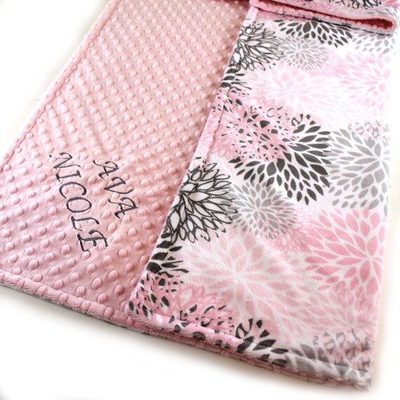 Personalized Baby Blanket, Floral Minky Baby Blanket Girl, Pink Gray Blooms Flowers, Name Blanket / Baby Shower Gift / Baby Girl Blanket