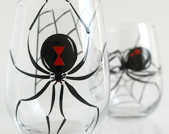 Black Widow Spider Halloween Glasses - Set of 2 Hand Painted Stemless Wine Glasses