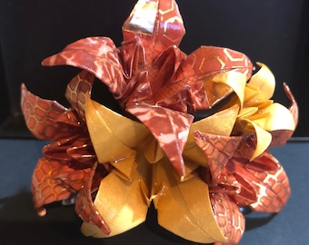 Handmade Origami Lily hair comb brown and gold