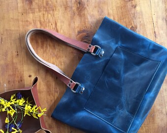 Blue Leather Tote, Statement Tote, Unlined Leather, Raw Edge Leather, Leather Purse