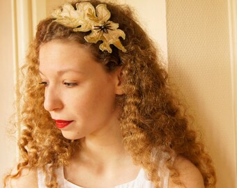Fiber Art Headband Acanthus Leaf Spider Beige Gold Botanical Hair Accessory Natural History Woodland Nature Lover Textile Art Free Shipping