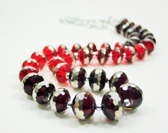 Red and Black Statement Necklace, Long Necklace, Glass Necklace, Long Beaded Necklace, Black and Red, Gray Necklace, Layering Necklace, Red