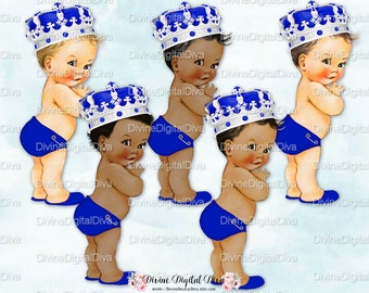 Royal Bright Blue Little Prince Vintage Baby Boy Ornate Silver Crown | 3 Skin Tones | Clipart Instant Download