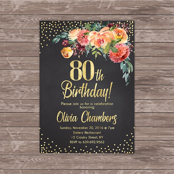 80th Birthday Invitation Floral Women Birthday Invitation