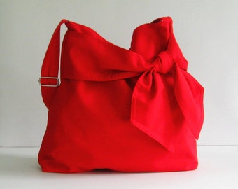 Sale - Red Cotton Twill Crossbody Bag, diaper bag, messenger, tote, bow, adjustable strap - Ninny