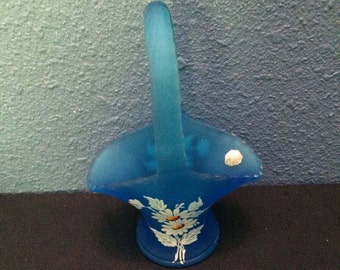 Vintage Westmoreland Ice Blue Satin Frosted Glass Basket with Hand Painted Daisies