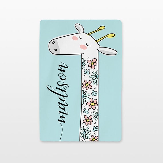 Floral Giraffe Personalized Baby Blanket Name Custom Gender Neutral Baby Boy Baby Girl Minky Fleece New Baby Gift Idea Flower Cute Aqua Blue