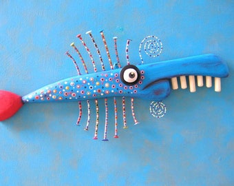 Blue Fish Stick, MADE to ORDER, Original Found Object Wall Sculpture, Wood Carving, Fish Sculpture, Fish Wall Art, by Fig Jam Studio