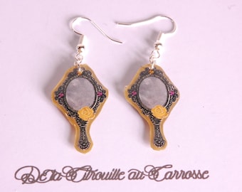 Earrings vintage, black and gold mirror