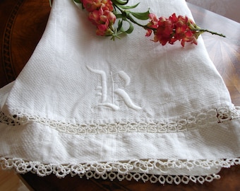 Towel, Show Towel, Monogrammed Towel, Tatting, Linen, Damask Towel, 1900s, Victorian Towel, Monogrammed R, White linen, Wedding, Shower,