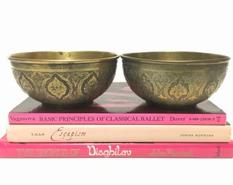 Vintage Pair of Etched Brass Bowls - Gold Metal Bohemian Moroccan Indian Style Home Decor