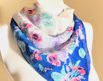 Vintage 60's Silk Scarf / Blue White Floral / Neck Scarf