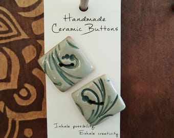Handmade diamond ceramic buttons (2), teal swirls, 1 1/2 inch