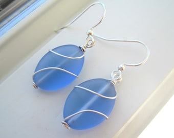 Light Blue Earrings - Recycled Glass Earrings - Cultured Sea Glass - Wire Wrapped Earrings - Wire Wrapped Jewelry - Oval Earrings