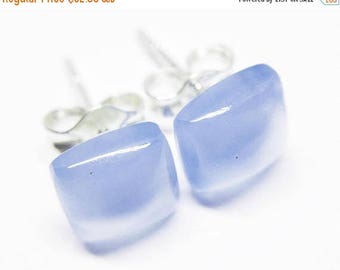 25% OFF Chalcedony Gemstone . TINY 6mm Cushion Squares . Sterling Silver Posts Studs Earrings . Soft Sky Blue . Minimalist Earrings . E16077