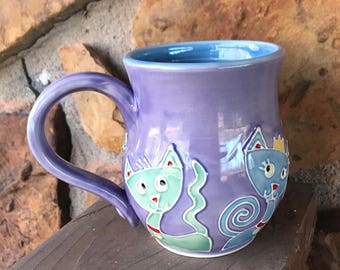 Slip Trailed Purple cat mug wheel thrown pottery