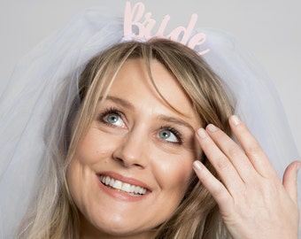 Bride with Veil Headband - Bride to Be Hen Party Accessory - Bridal Hair Accessory - Acrylic Bride Hen Do Headband