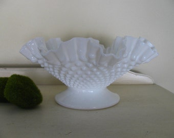 Vintage Pedestal Fenton White Hobnail Milk Glass Bowl with Ruffled Crimped Edge