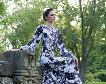 Black and White Floral Dress with Bishop Sleeves-Made to Order