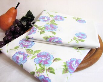 Vintage Floral Percale Pillowcases, Standard, Pair, Set of 2 ... Blue & Lavender Roses on White, Lady Pepperell, Cottage Chic, Gift for Her