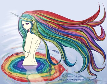 Rainbow Bath Art Print - 8"x10" or 11x14" - original anime manga Unicorn girl art - Bianca Loran Art