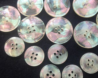 Irridescent Buttons. Crystal and Iridescence 4 hole Buttons. 4 Sizes available. Lot of 6 buttons.