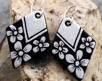 Silver Flower Hand Etched Dichroic Earrings Fused Glass & Sterling Silver Handmade Wires