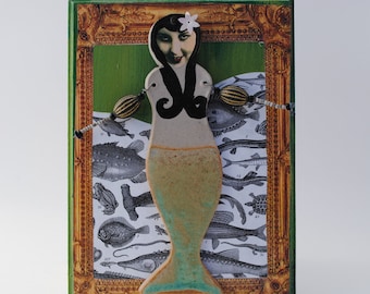 mermaid mixed media art assemblage, nautical vignette, art doll