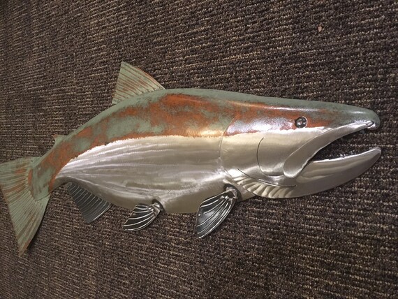 Salmon Metal Fish Wall Art Sculpture 30in Handmade Long Lodge Cottage Cabin Lake River