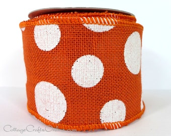 Burlap Wired Ribbon, 4" wide, Orange and White Polka Dot - TEN YARD ROLL - Offray "Dixie" #100, Craft Wire Edged Ribbon