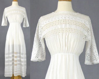 Antique Edwardian Dress, 1910s Embroidered White Cotton Eyelet Tea Dress, Bohemian Wedding Dress XS
