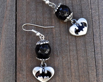 Batman Earrings Superhero Style Heart Black Onyx Gemstones Sterling Silver Earwires Gotham Fans Megacon Comic Book Lover Earrings