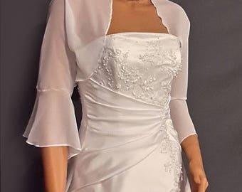 Chiffon bolero jacket 3/4 bell sleeve shrug wedding wrap bridal cover up CBA216 AVAILABLE IN white and 6 other colors. Small - Plus size!