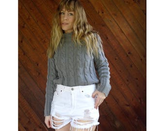 Grey Chunky Cable Knit Turtleneck Vintage 90s - M