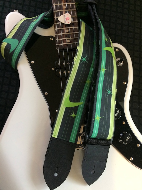 Surf guitar strap // stripes in shades of green with stars and