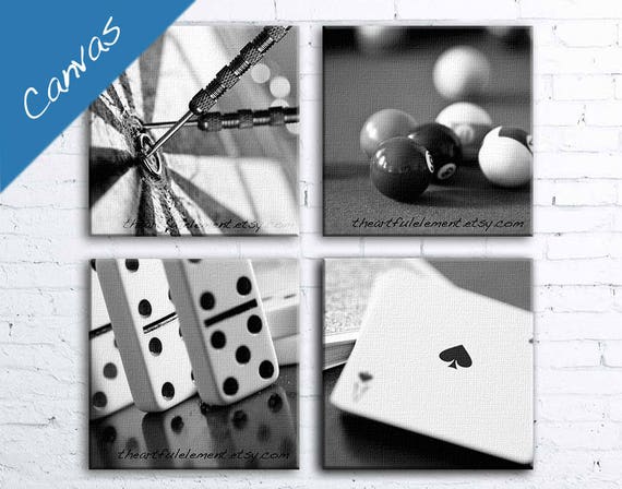 Game room decor, Canvas art, Billiard room decor, Poker art, Black and white canvas, Pool art,Wall art set, Set of 4 // Game room canvas set