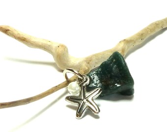 Genuine Drilled Beach Stone Slag Glass Pendant Blue Sea Glass Nugget Leland Bluestone SEA STAR Pebble River Rock Lake Find Star Charm