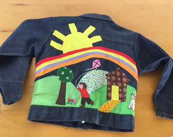 1970's MoD ArT KiDs JEaN JacKeT EmBRoiDeReD APPLiQue GRaiNy DeNiM sHiRt SToRy JacKeT USA