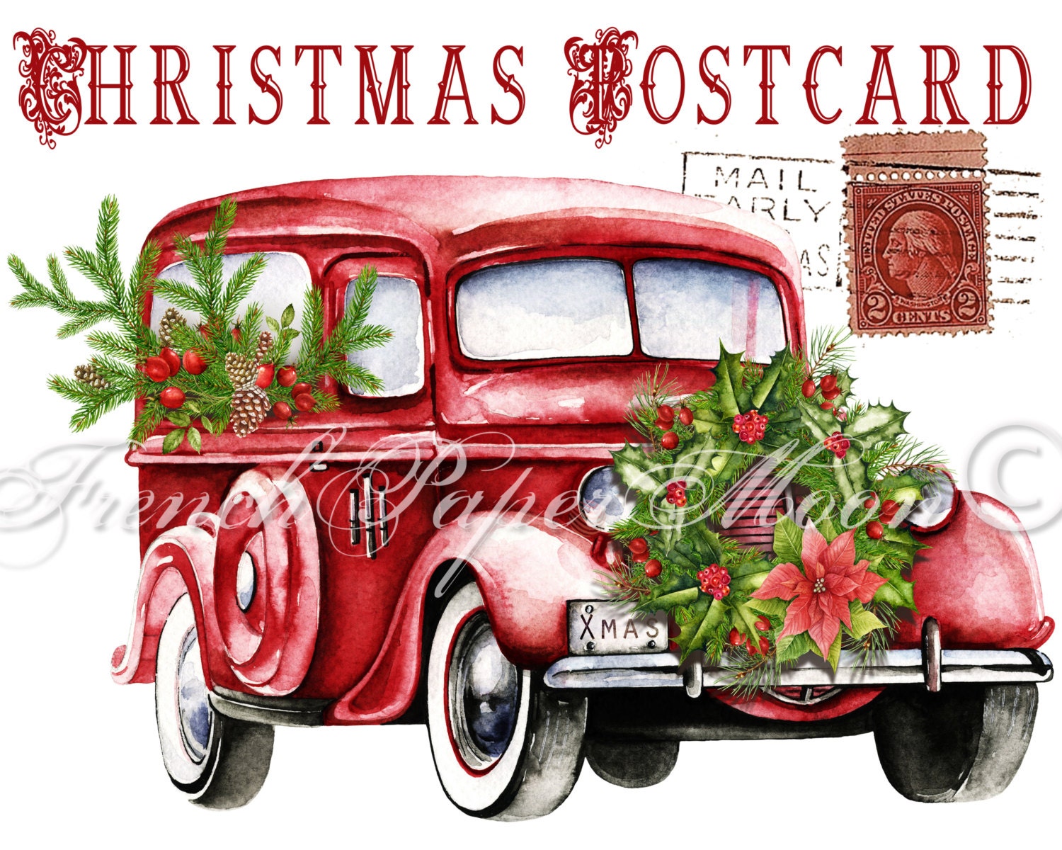 digital watercolor christmas truck red retro car vintage cross stitch christmas wreath