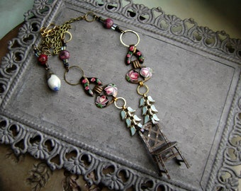 one of a kind chair necklace with repurposed vintage enamel jewelry, 1920s 1930s metal, mixed media assemblage jewelry, AnvilArtifacts