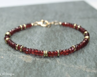 Garnet Bracelet, Garnet Jewelry, Brass, Beaded, Layering Bracelet, Gemstone Jewelry
