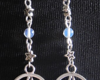 PENTAGRAM MOONSTONE EARRINGS, Pagan Earrings, Pentacle Pentagram Earrings, Gemstone Earrings, Long Drop Earrings, Silver Earrings