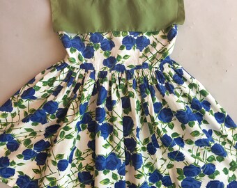 Vintage Original 1950s Little Girls Blue Rose Print Dress