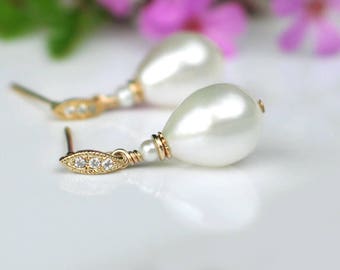 Teardrop Pearl Earrings | White Freshwater Drop Pearls | Petite Marquise CZ Gold Studs | Pearly Everlasting | Vintage Style | Ready to Ship