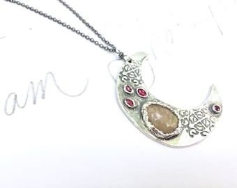 sapphire and ruby crescent moon necklace . sterling silver wander talisman necklace . inspirational quote necklace by peacesofindigo